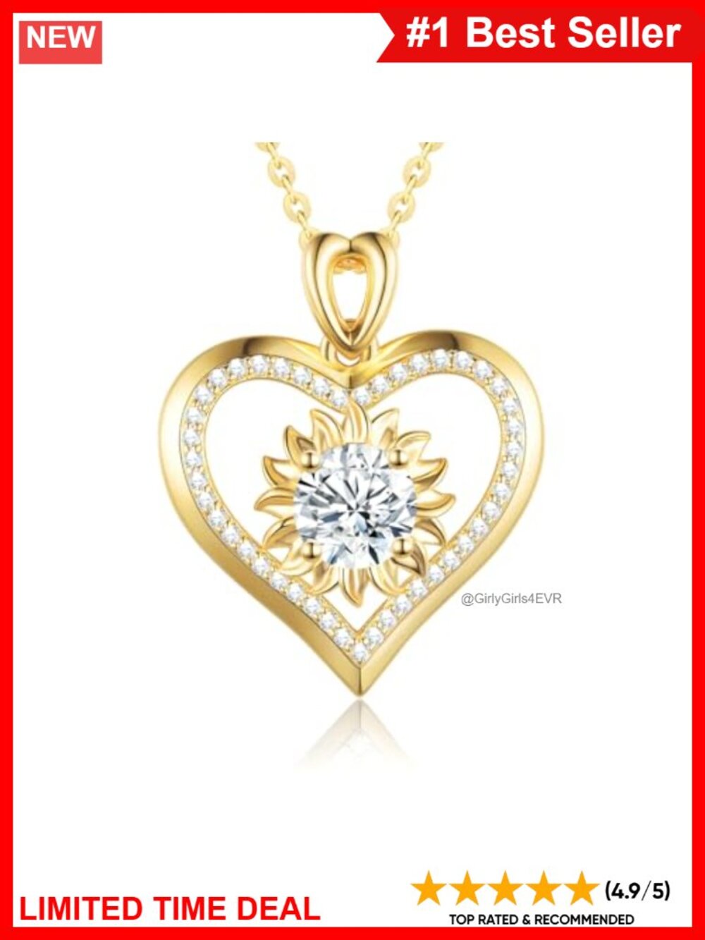 Moissanite Sunflower Heart Necklace Sterling Silver Plated Yellow Gold